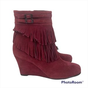 Fringe Suede Wedge Ankle Booties Size 6.5